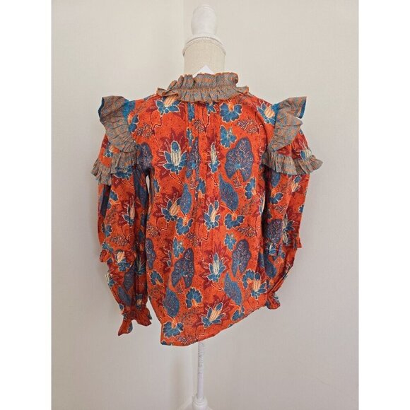 Bindu Sabrina Floral Cotton Ruffle Balloon Long Sleeves Blouse Top Shirt XS Boho - Picture 9 of 14